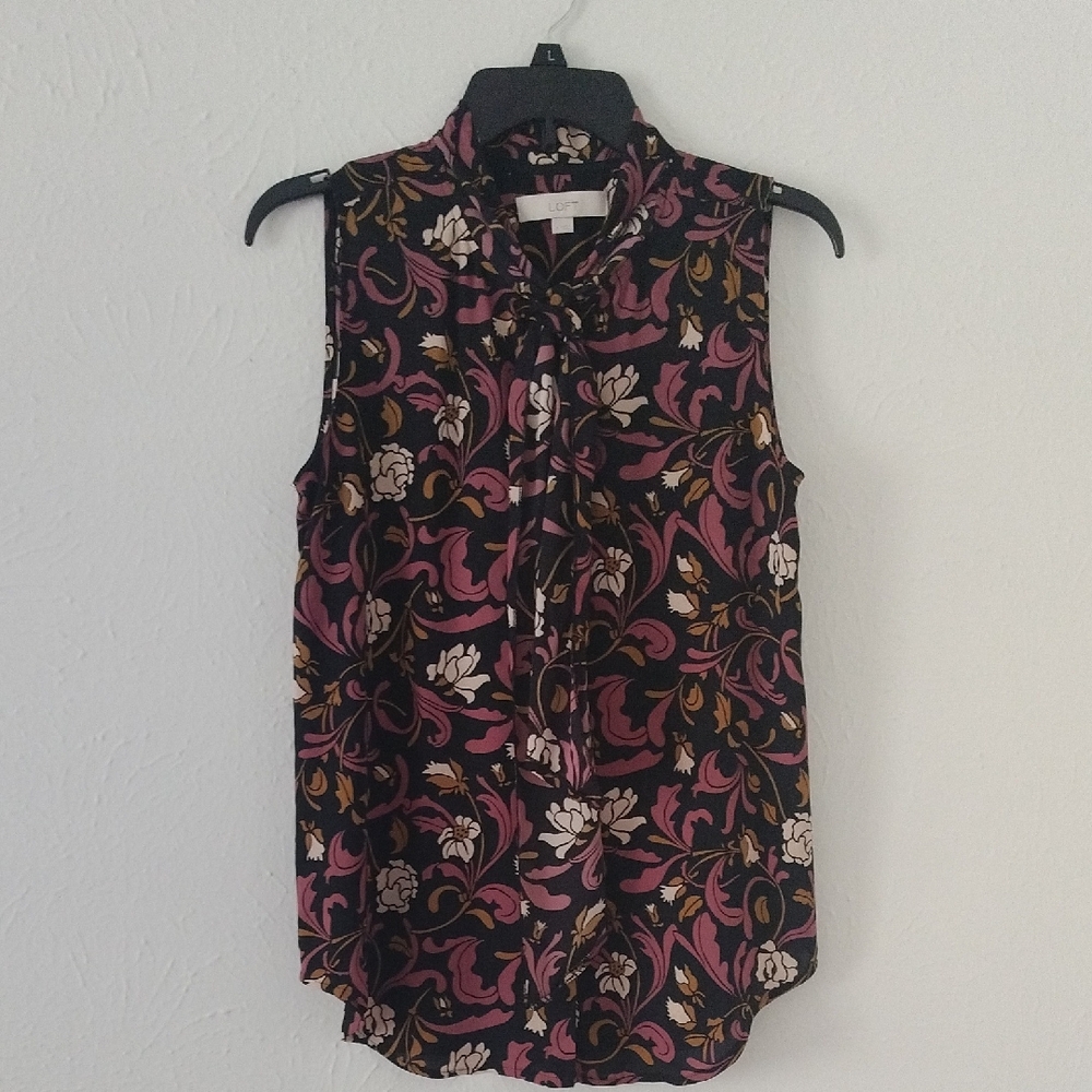 Ann Taylor LOFT Floral Sleeveless Blouse - Black and Purple With Collar Tie